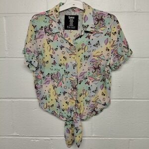 Spencer's Mushrooms & Butterfly Pastel "Eat Me" Button-front Tie Crop Shirt Sz M
